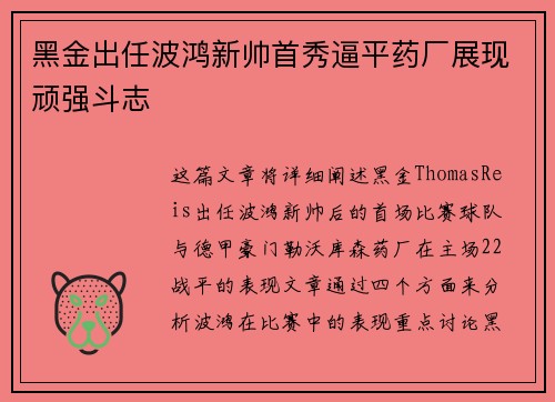 黑金出任波鸿新帅首秀逼平药厂展现顽强斗志 黑金出任波鸿新帅首秀逼平药厂展现顽强斗志